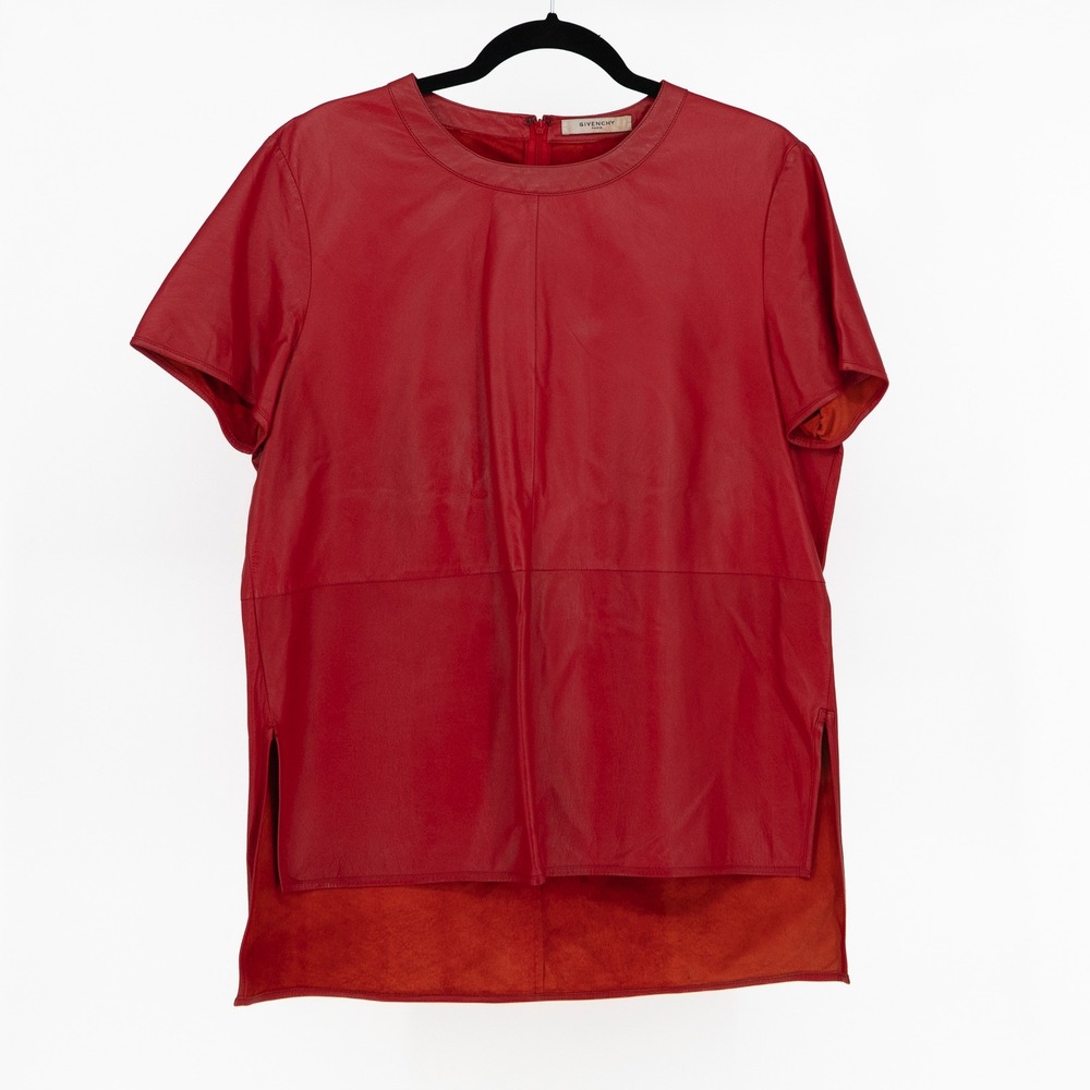 Givenchy Paris Women's Genuine Leather Short Sleeve Crew Neck Tee Shirt Top Red